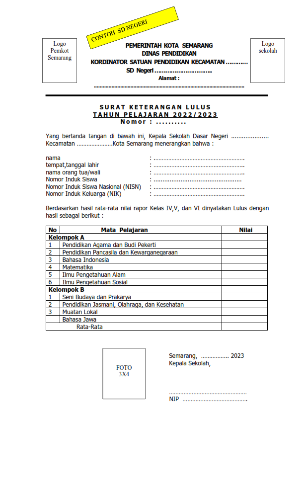 Surat Keterangan Lulus SD Negeri 2023